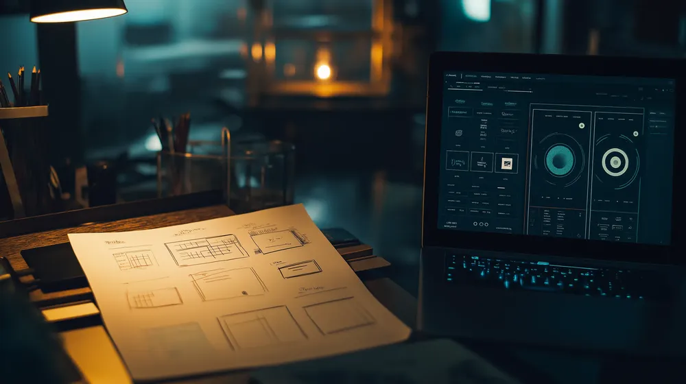 A laptop screen showing a live interface next to an open Figma file, side by side