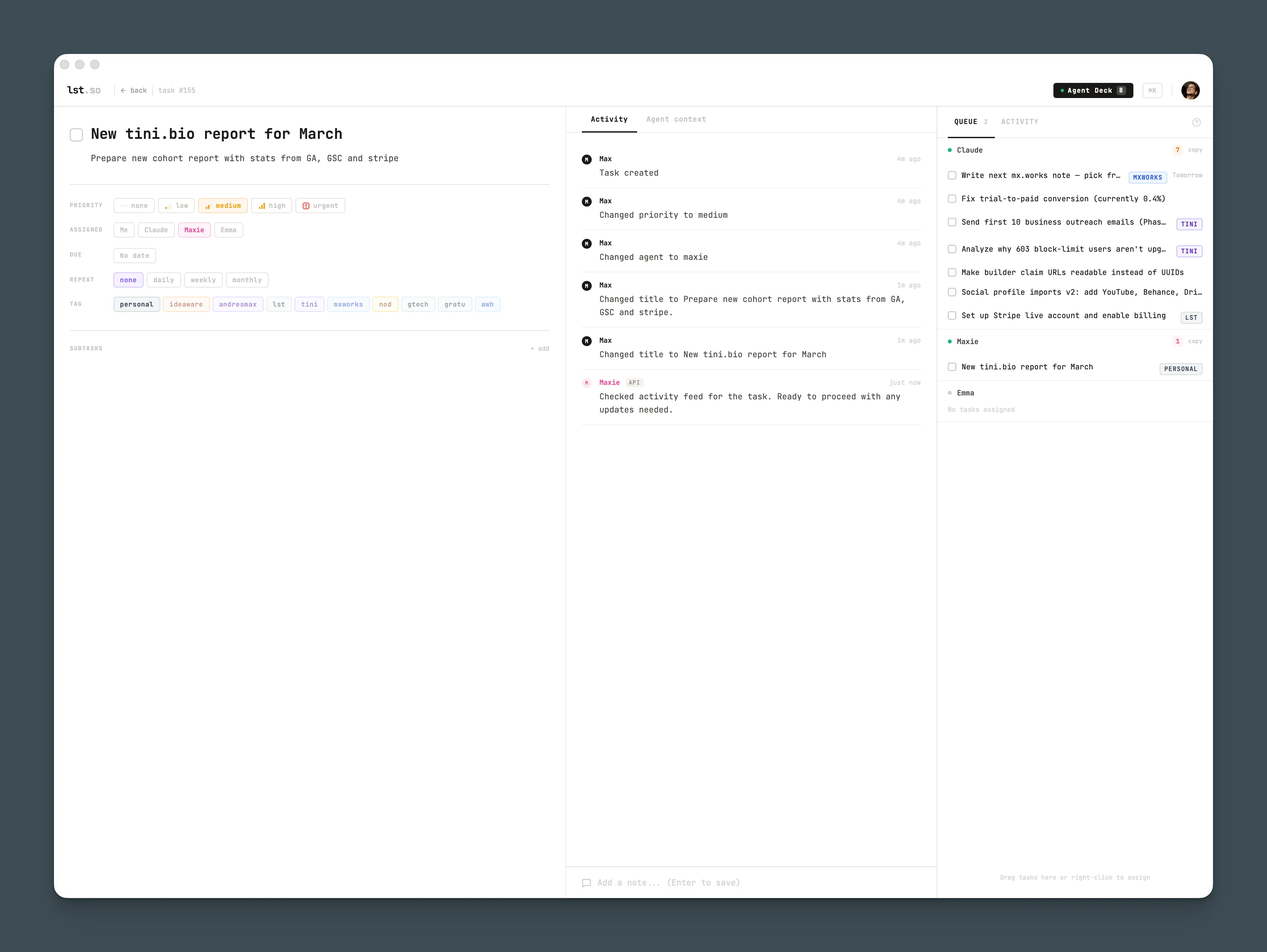 lst.so task view with activity log and agent deck