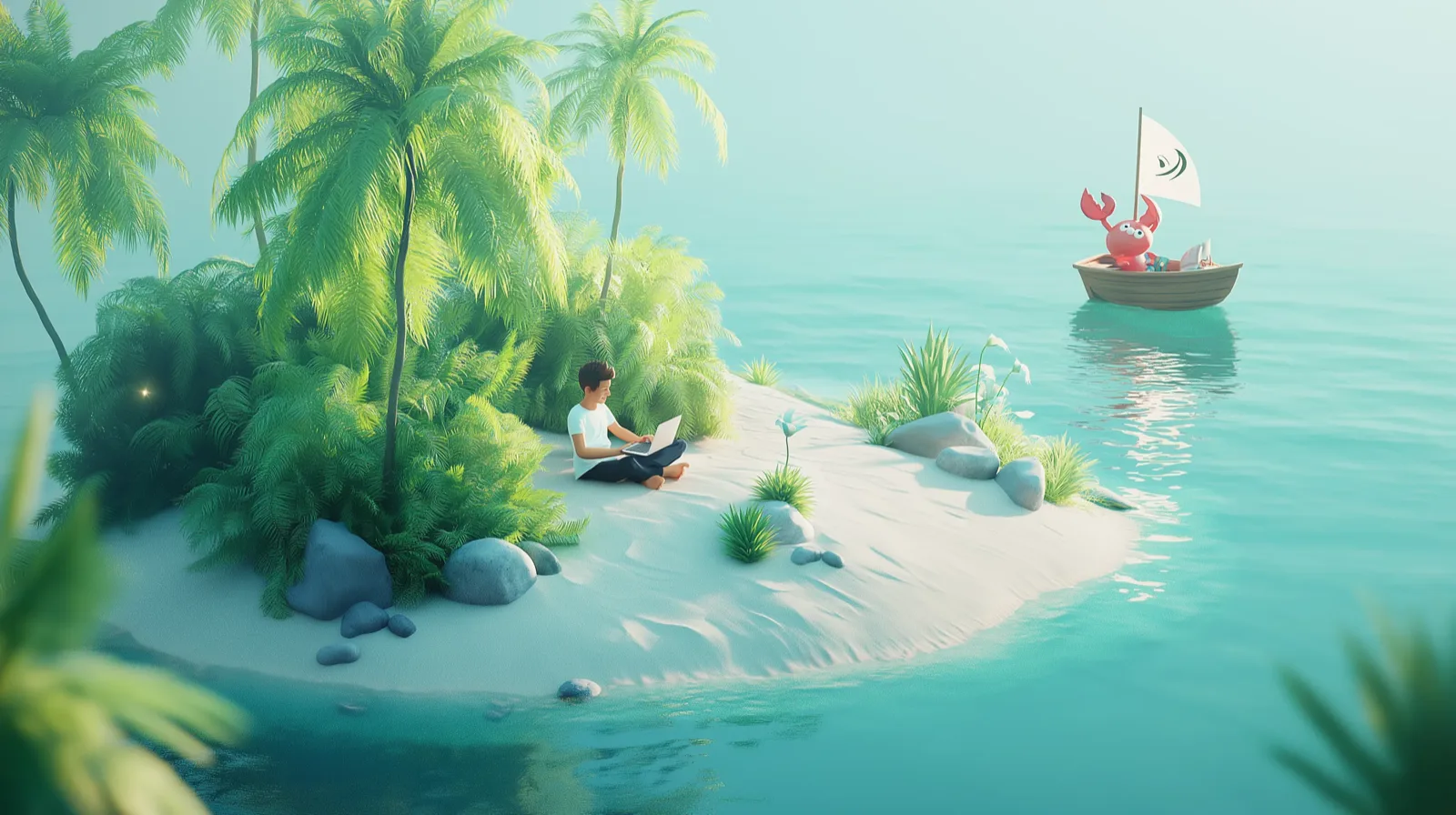 Developer on a tropical island, ClawDeck crab sailing away in a boat